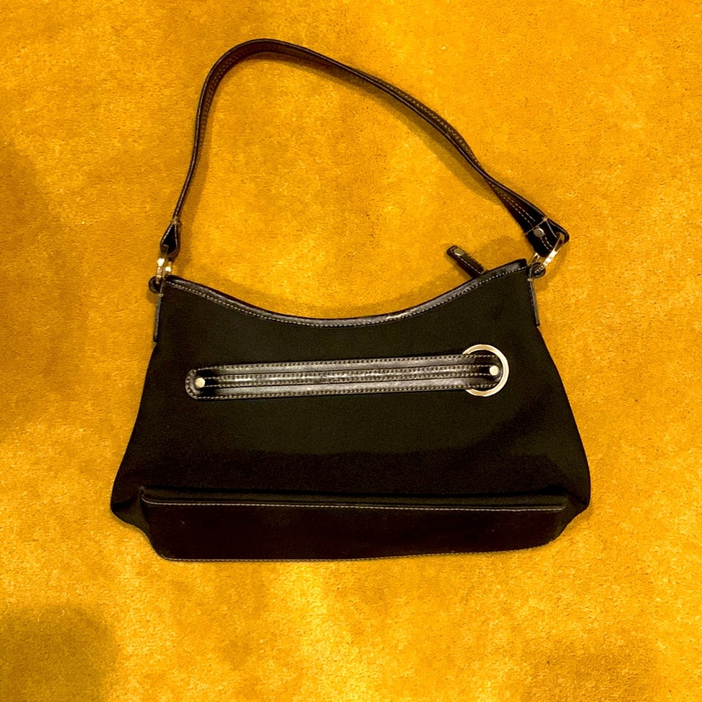 COLE HAHN BLACK SHOULDER BAG WITH LEATHER STRAP AND DETAILING, SILVER HARDWARE - Picture 2 of 13